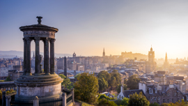 Edinburgh skyline from Calton Hill at sunset.