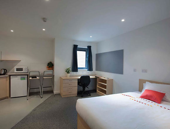 Bedroom and kitchen area in studio student flat.