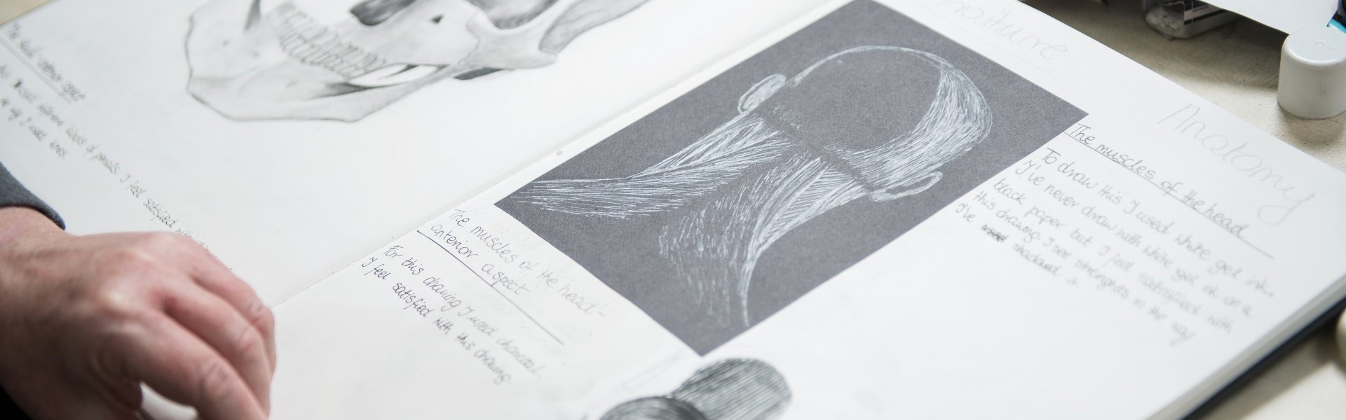 Art and design sketchbook featuring pencil drawings of skulls and text to explain concepts.