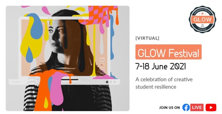 Creative industries student looking to the side, an illustration of a laptop and paint splashes frames their face. Text reads 'Virtual Glow Festival, 7 - 18 June 2021, A celebration of creative student resilience.'