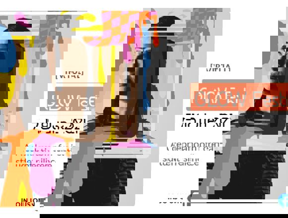 Creative industries student looking to the side, an illustration of a laptop and paint splashes frames their face. Text reads 'Virtual Glow Festival, 7 - 18 June 2021, A celebration of creative student resilience.'