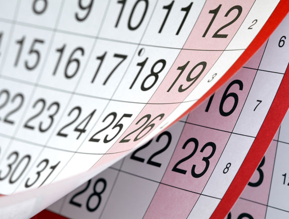 Pages in a calendar with large numbers for the dates with a red trim, some days are highlighted with red. 