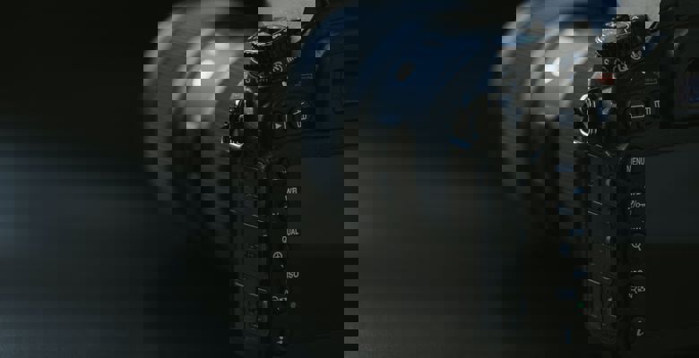 Close up of a professional camera.